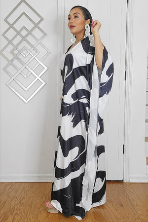 032925 Le Noir & Blanc Satin BOUBOU Caftan Dress