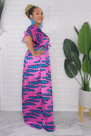 041824 The Fuschia Blue Handmade Embroidered African Print Maxi Dress