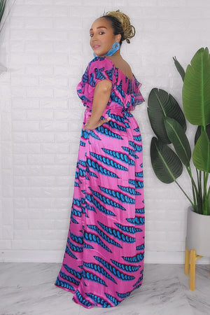 041824 The Fuschia Blue Handmade Embroidered African Print Maxi Dress