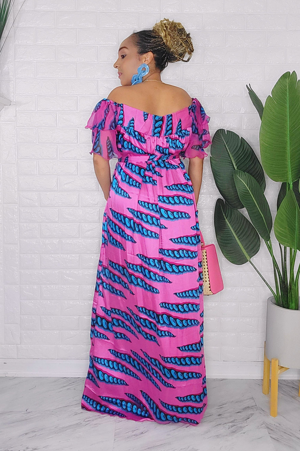 041824 The Fuschia Blue Handmade Embroidered African Print Maxi Dress