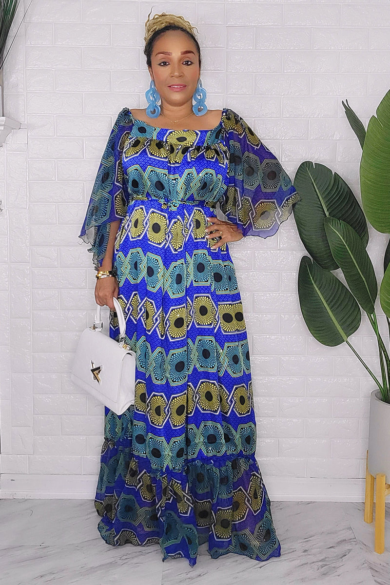 042124 The Blue & Yellow Handmade Embroidered African Print Maxi Dress