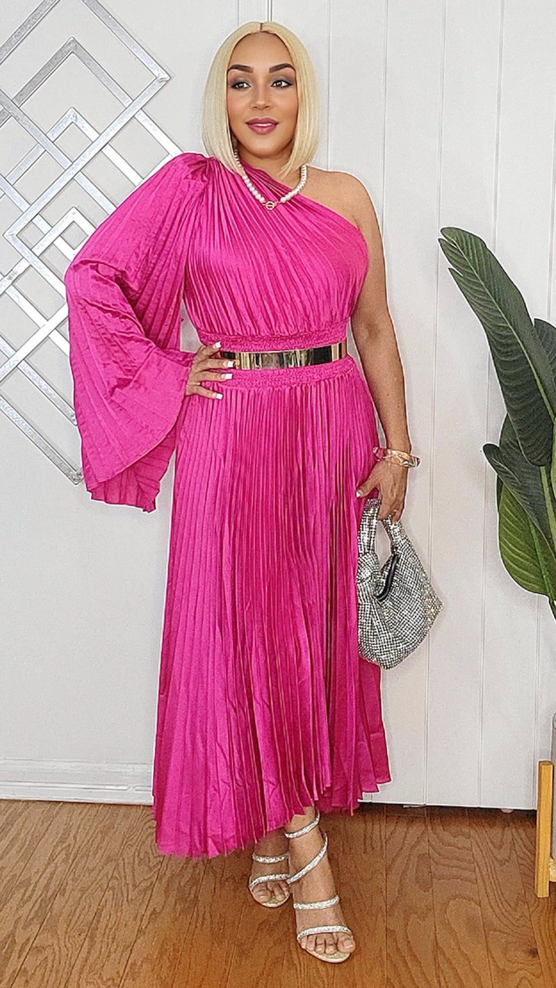 121524 One Shoulder Bell Sleeve Pleated Maxi Dress