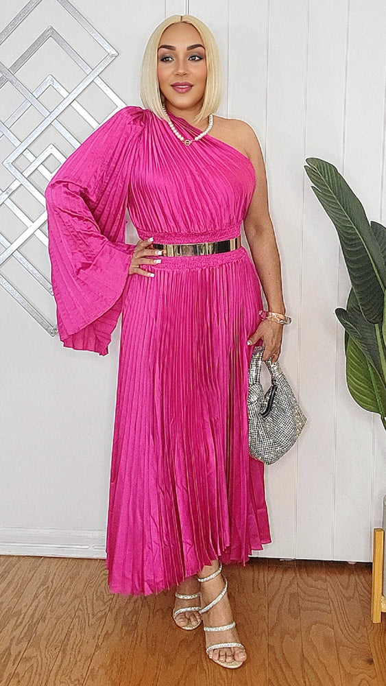 121524 One Shoulder Bell Sleeve Pleated Maxi Dress
