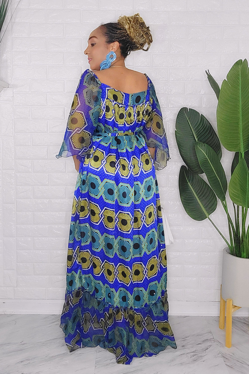 042124 The Blue & Yellow Handmade Embroidered African Print Maxi Dress
