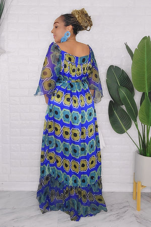 042124 The Blue & Yellow Handmade Embroidered African Print Maxi Dress