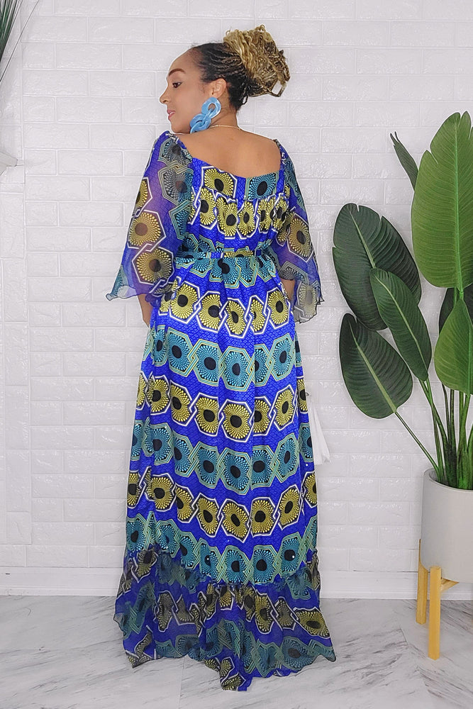 042124 The Blue & Yellow Handmade Embroidered African Print Maxi Dress