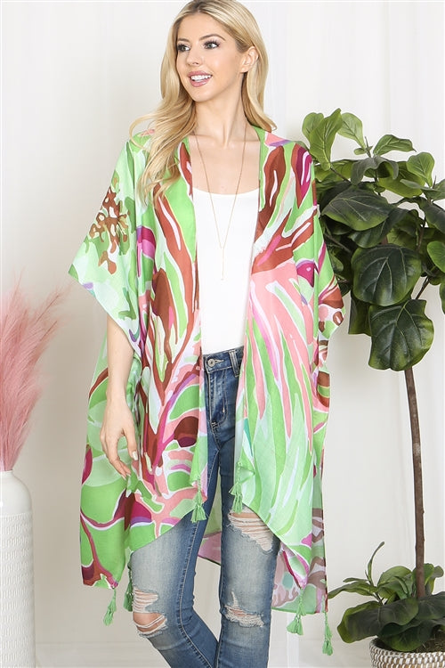 042624 Green Tropical Abstract Print Short Kimono Duster One size fit all