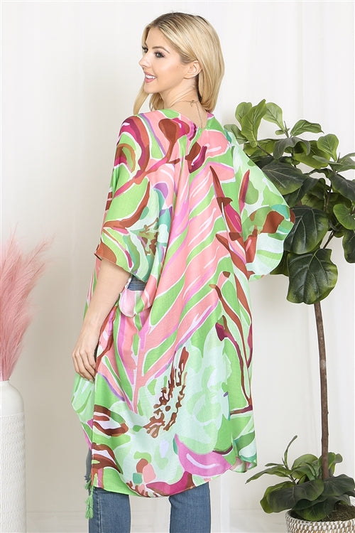 042624 Green Tropical Abstract Print Short Kimono Duster One size fit all