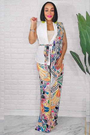 070425 The White Vest Blazer Style with Scarf Top and Multi Print Pant Set