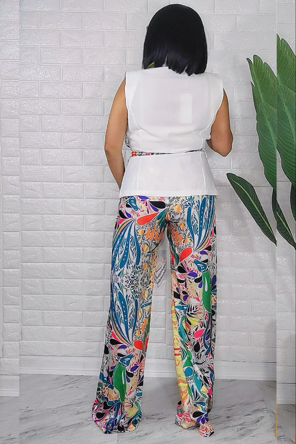 070425 The White Vest Blazer Style with Scarf Top and Multi Print Pant Set