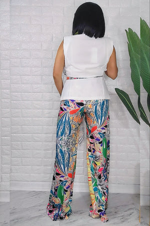 070425 The White Vest Blazer Style with Scarf Top and Multi Print Pant Set