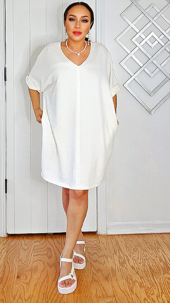 061025 Ivory Short Sleeve V Neck Tunic Mini Dress