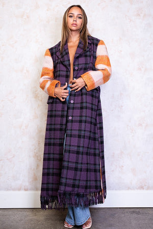 121423 Orange & Purple Plaid contrast Color Block Fringe Coat with Belt