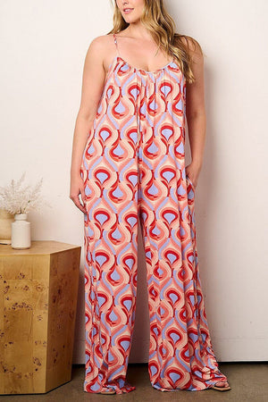 050224 The Orange Red Multi Blue Print Wide Leg Jumpsuit