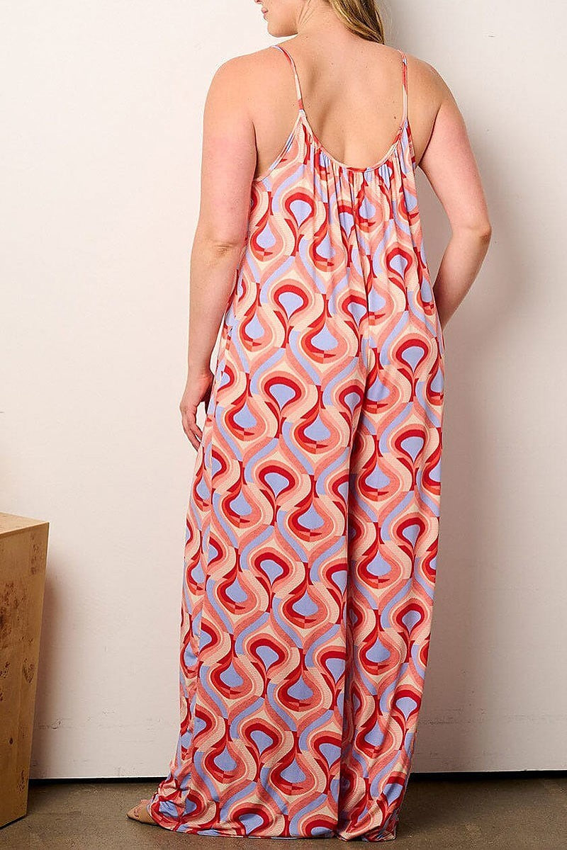 050224 The Orange Red Multi Blue Print Wide Leg Jumpsuit