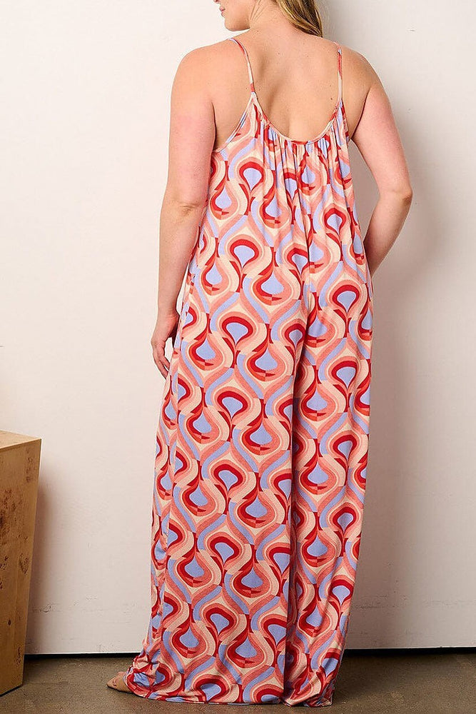 050224 The Orange Red Multi Blue Print Wide Leg Jumpsuit