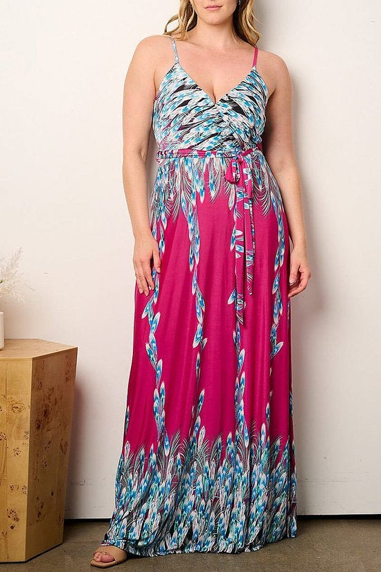 050224 The Blue & Red Print Spaghetti Strap Maxi Dress