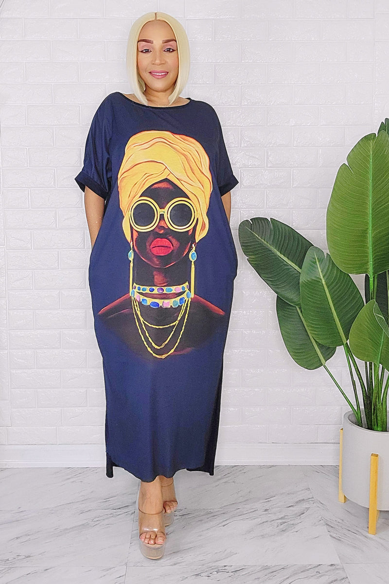 031424 The Black High & Low African Lady with A Wrap Print Jersey Dress
