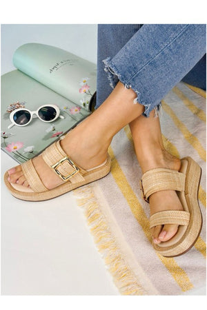 071225 Beige Raiffia Straw Slip On Platform Sandals