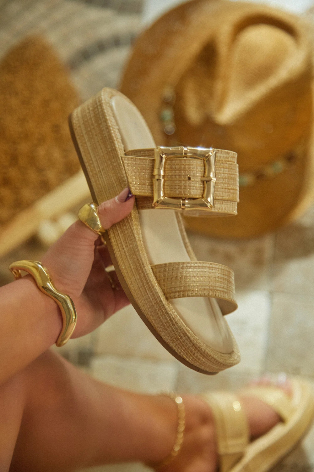 071225 Beige Raiffia Straw Slip On Platform Sandals