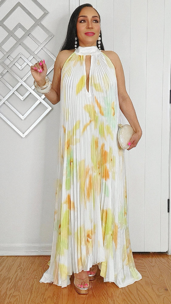 020525 The Lime Tie Dye Pleated Key Hole Open Back Maxi Dress