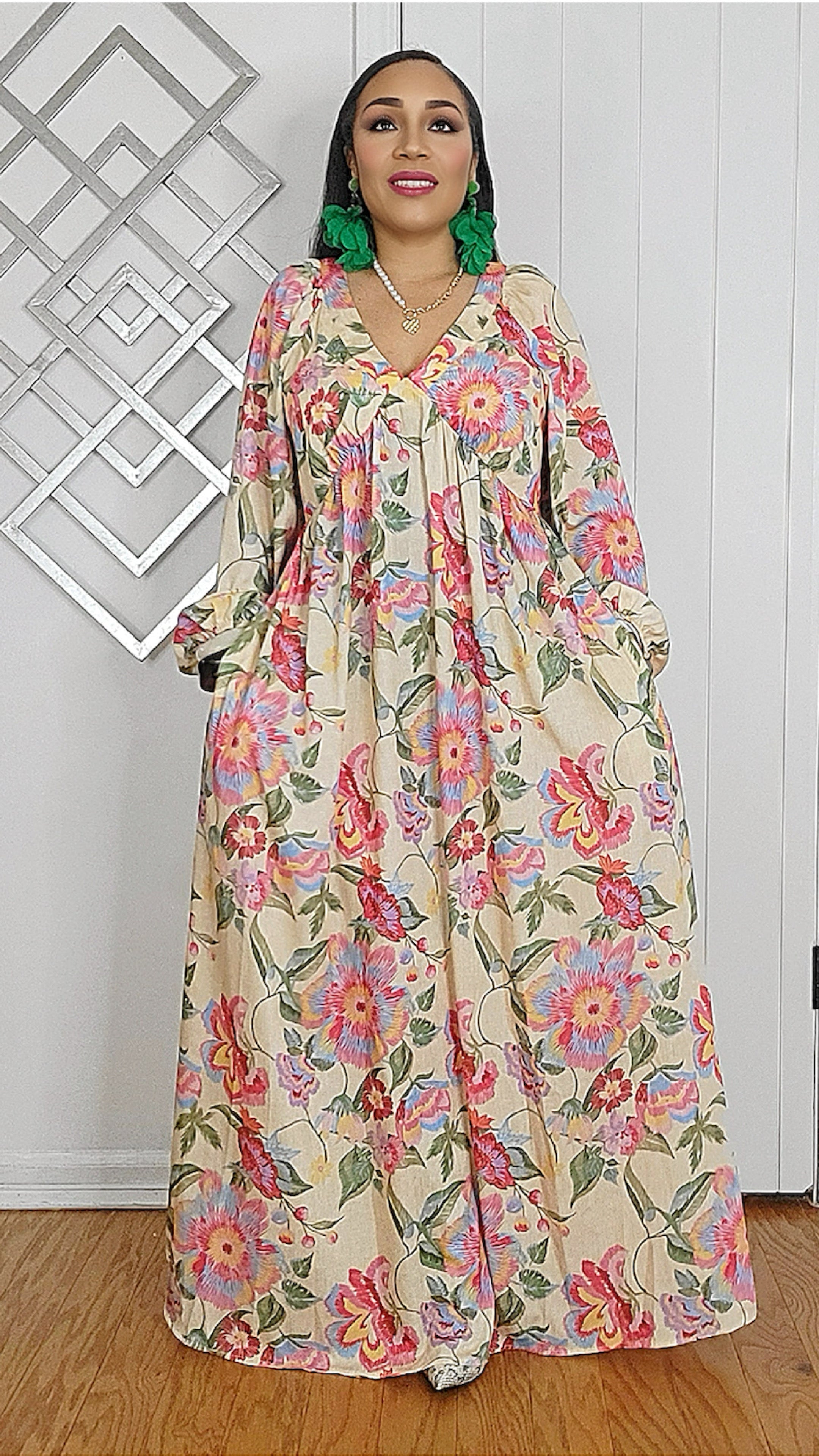 020625 Panna Cotta-Florals V Neck Long Sleeve Maxi Dresss