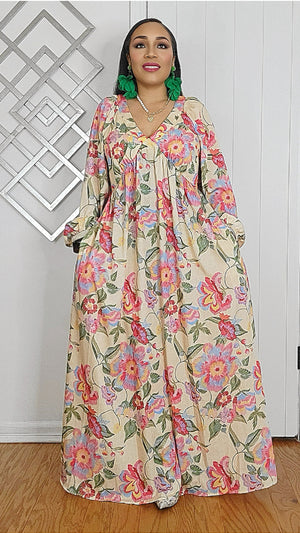 020625 Panna Cotta-Florals V Neck Long Sleeve Maxi Dresss