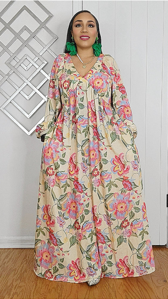 020625 Panna Cotta-Florals V Neck Long Sleeve Maxi Dresss