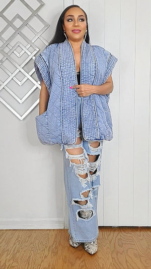 022525 Blue Open Front Quilted Denim Vest