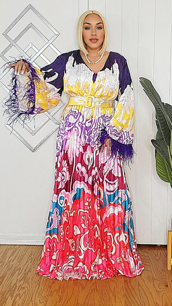 010925 Purple Print Feathers Long Sleeve Maxi Dress