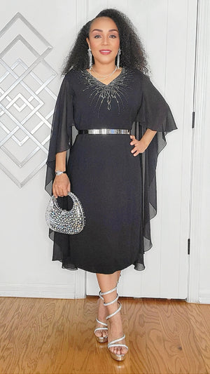 010825 Black Dress Sheer Cape Sleeves with Rhinestones