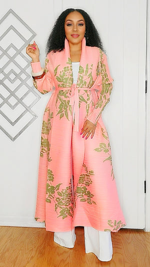 091824 Pink Florals Print Long Wrinkle Shawl Collar Belted Coat