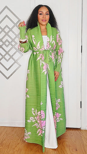 091824 Green Florals Print Long Wrinkle Shawl Collar Belted Coat