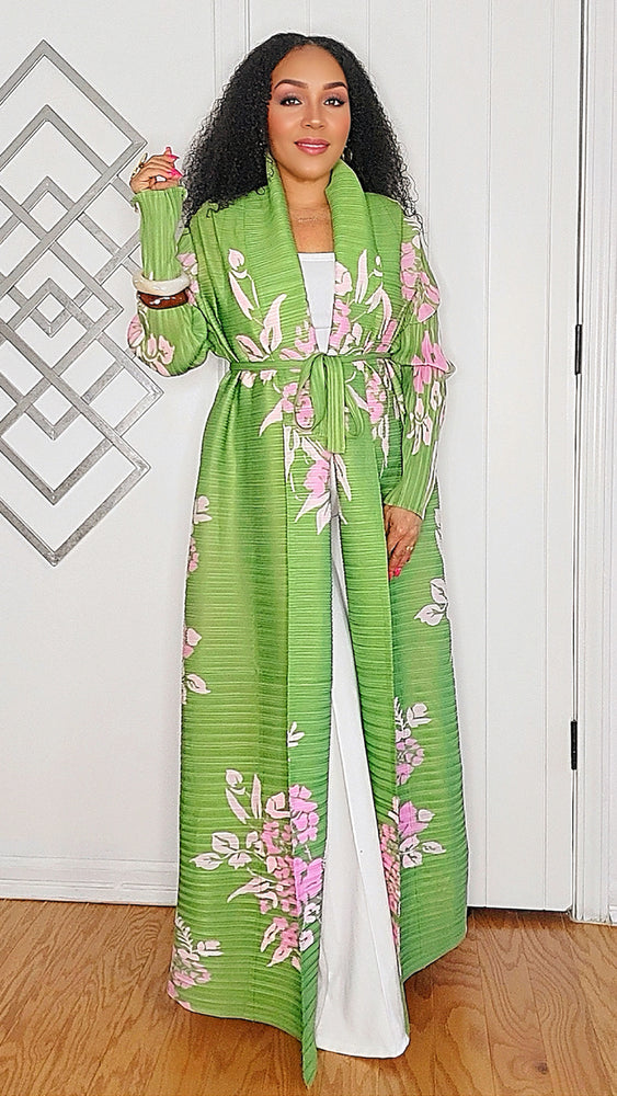 091824 Green Florals Print Long Wrinkle Shawl Collar Belted Coat