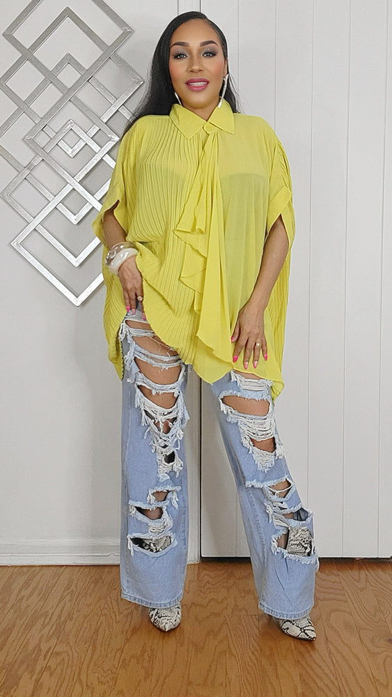 020525 Mustard Oversized Pleated Sheer Tunic Blouse