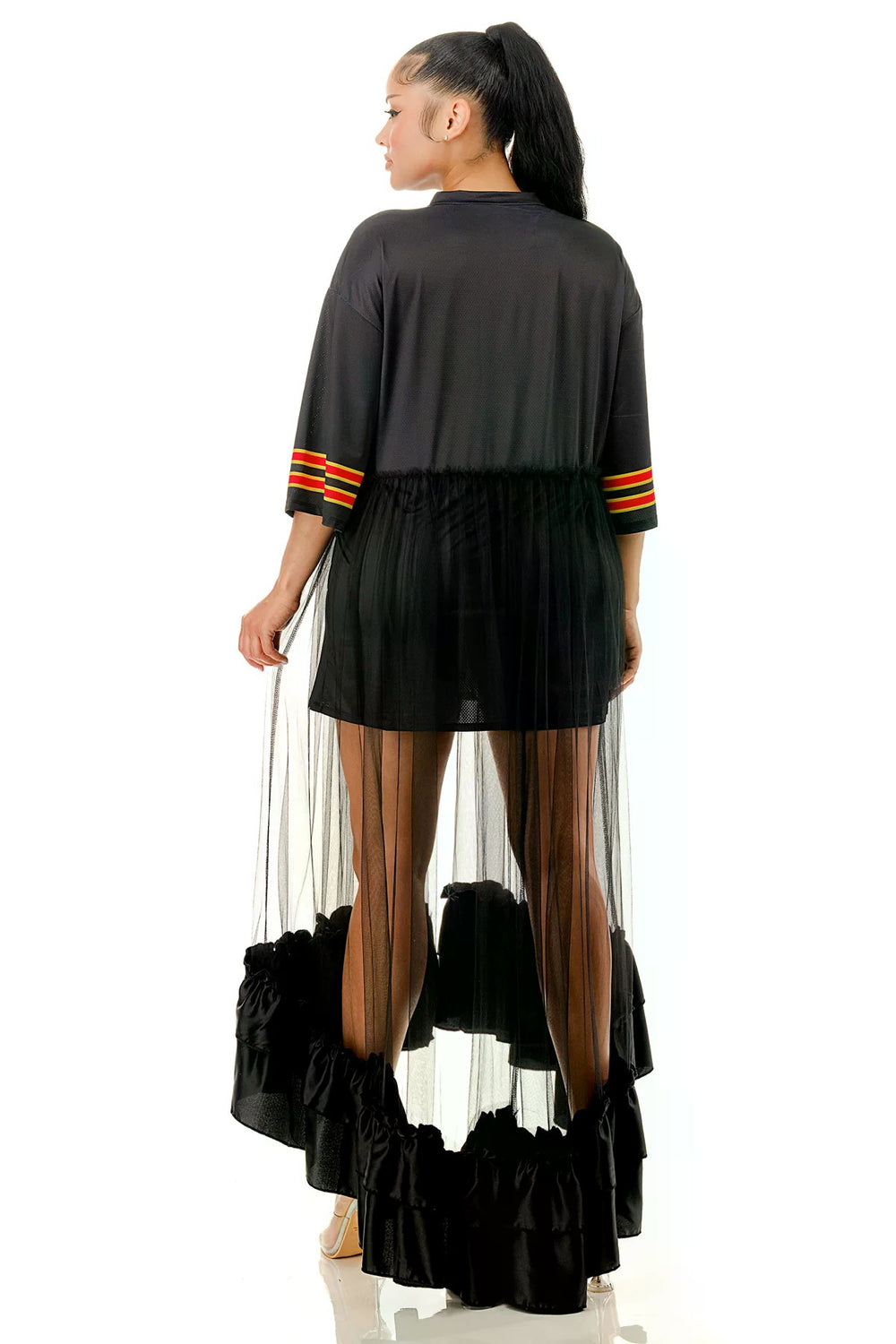 072925 The Jersey Top Ruffle Hem Panel Oversized Dress Top- Black