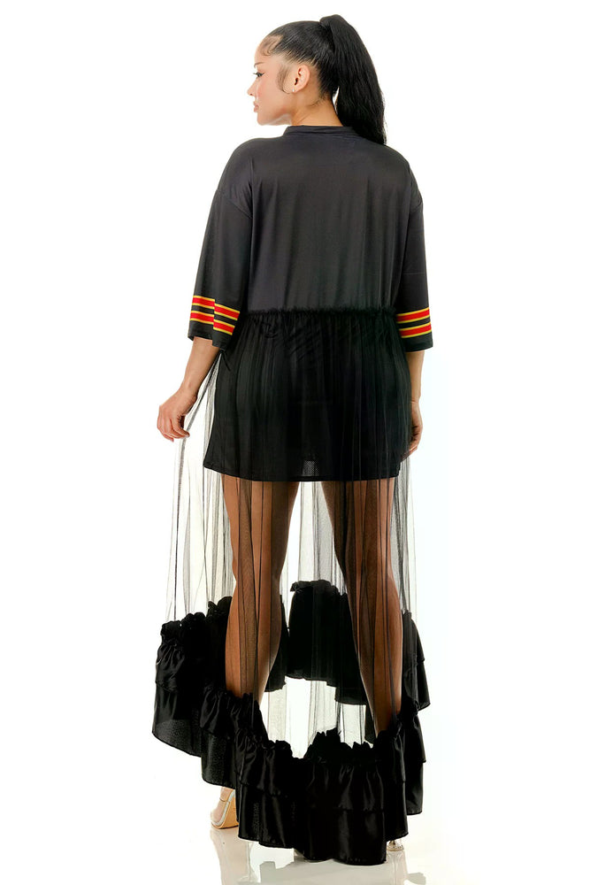 072925 The Jersey Top Ruffle Hem Panel Oversized Dress Top- Black