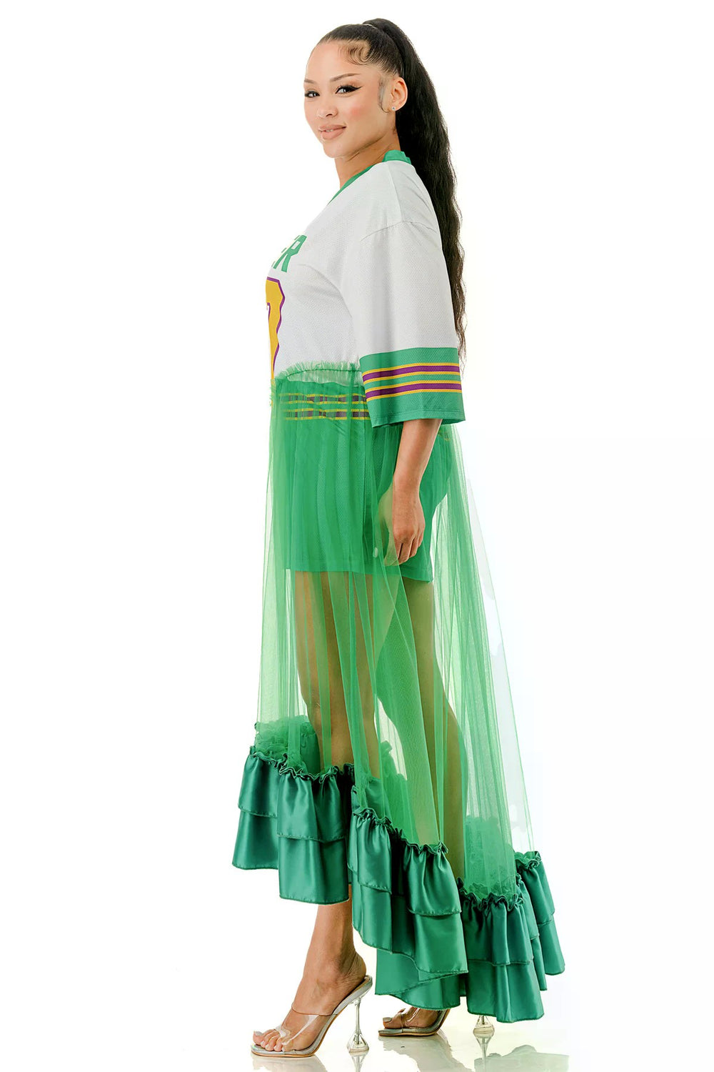 072925 The Jersey Top Ruffle Hem Panel Oversized Dress Top- Green