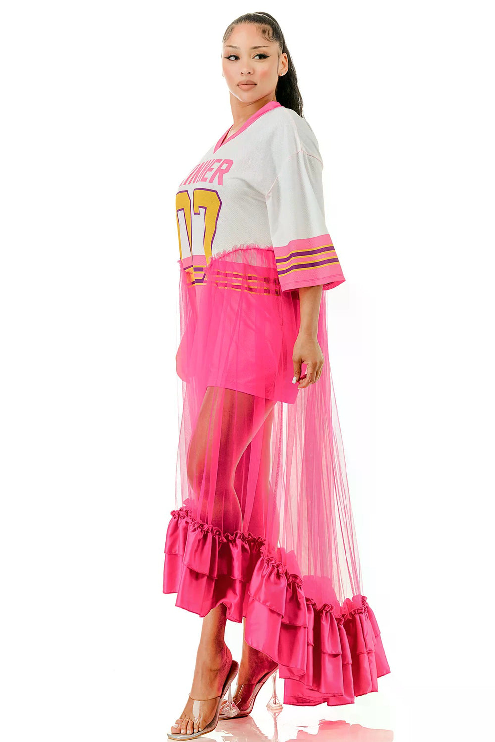 072925 The Jersey Top Ruffle Hem Panel Oversized Dress Top- Pink