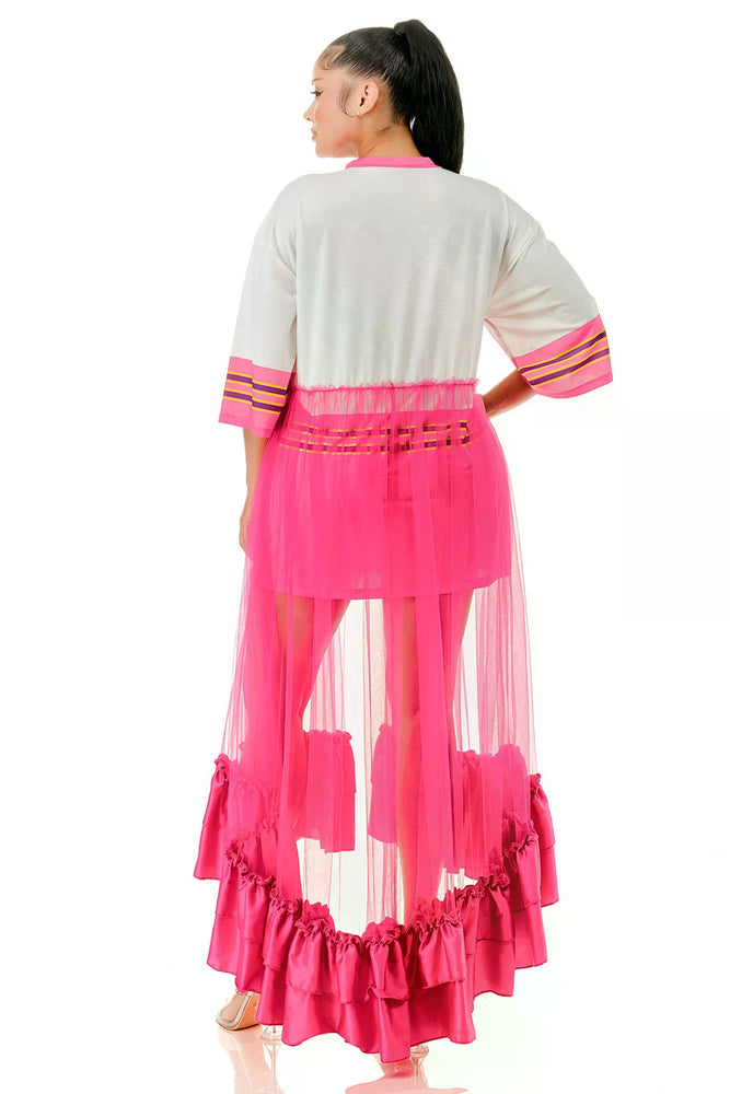 072925 The Jersey Top Ruffle Hem Panel Oversized Dress Top- Pink
