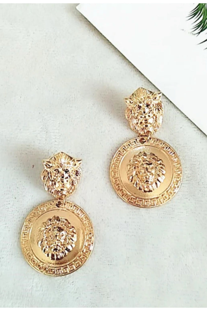 Round Lion Head Drop Earrings