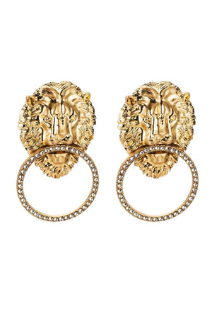 Gold Antique  Lion Head With Rhinestone Circle  Earrings