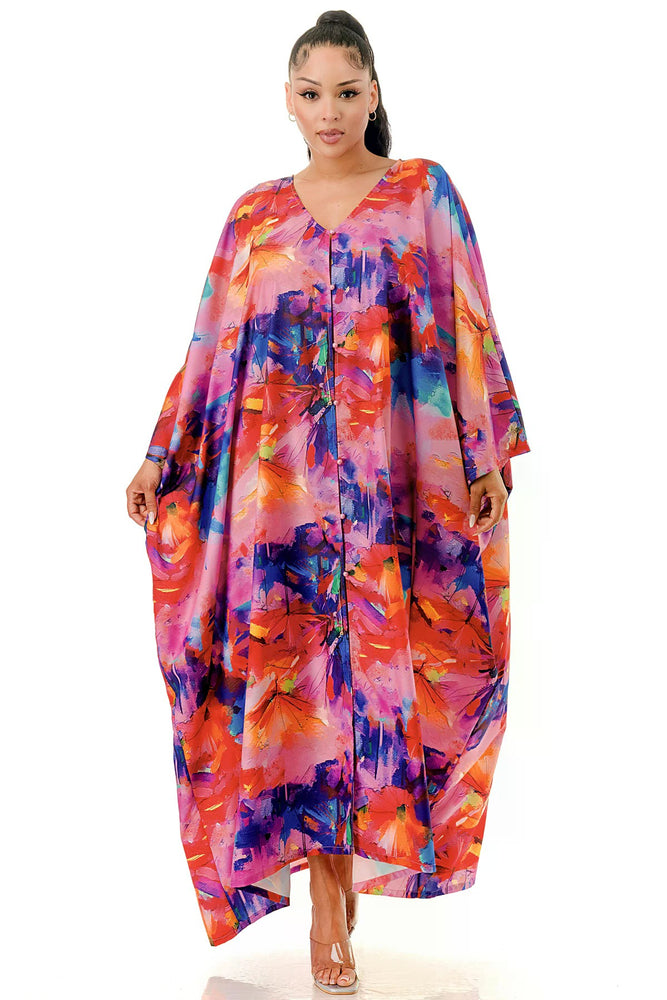 080825 Pink Multi Front Button V-neck Loose Fit Maxi Caftan Dress