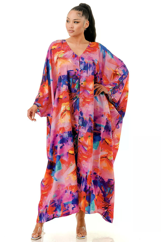 080825 Pink Multi Front Button V-neck Loose Fit Maxi Caftan Dress