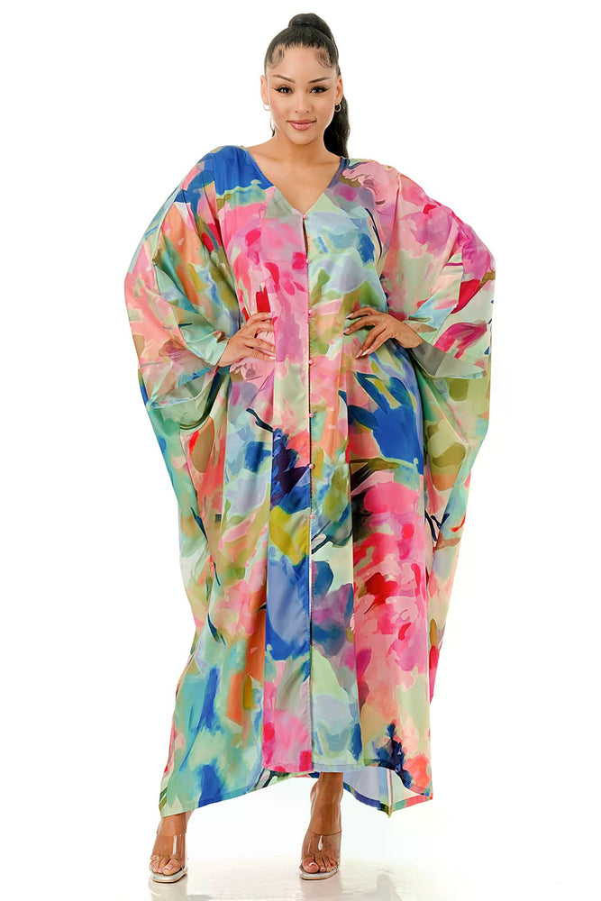 080825 Blue Multi Front Button V-neck Loose Fit Maxi Caftan Dress