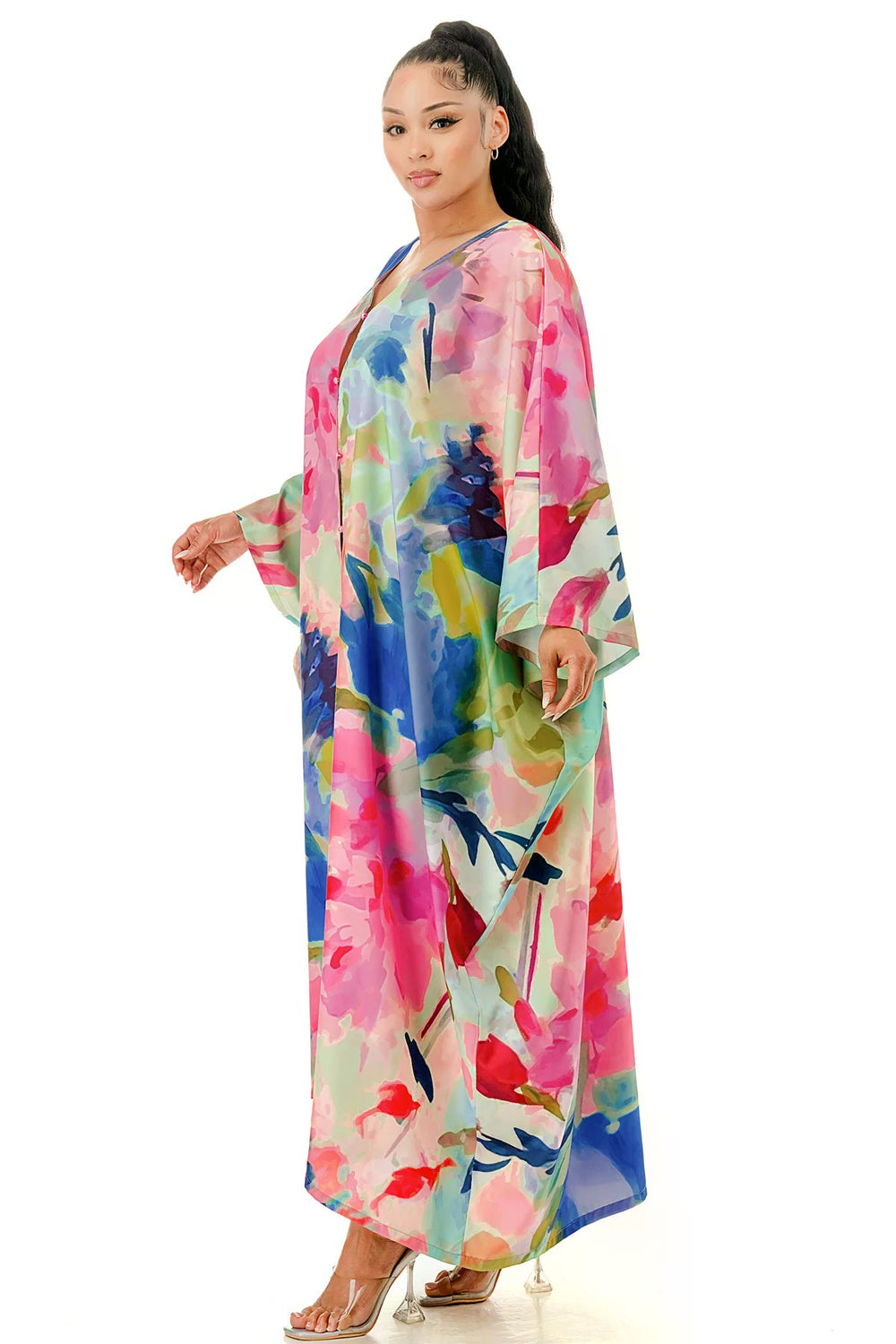 080825 Blue Multi Front Button V-neck Loose Fit Maxi Caftan Dress