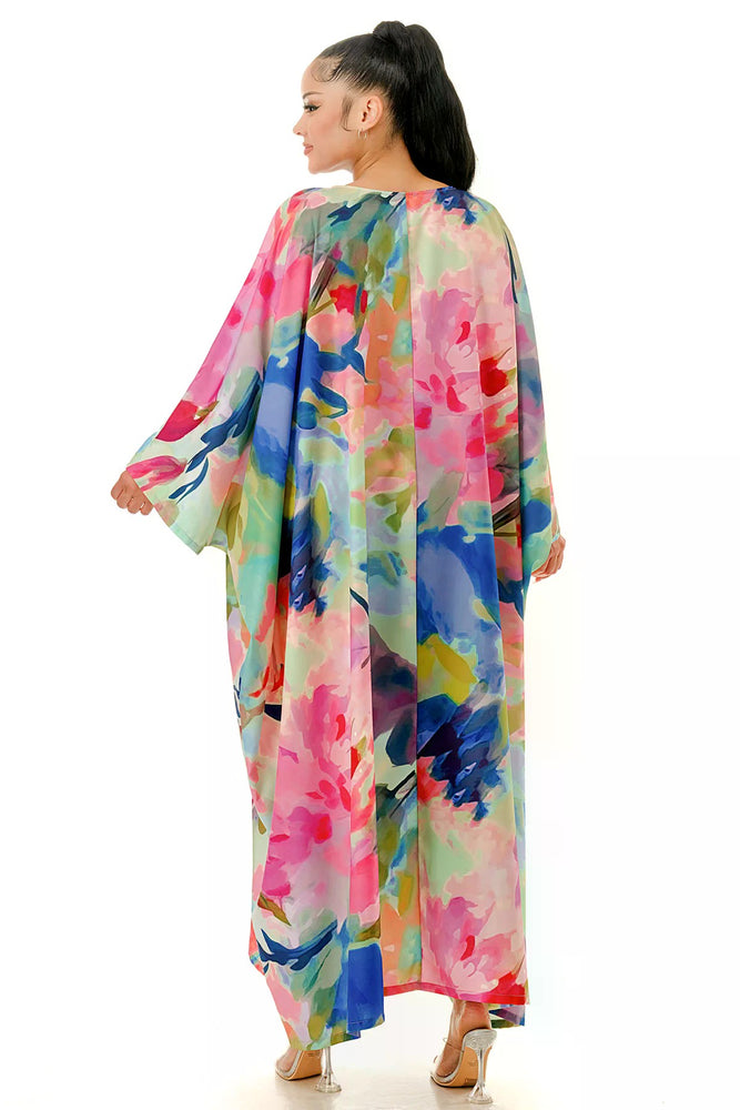 080825 Blue Multi Front Button V-neck Loose Fit Maxi Caftan Dress