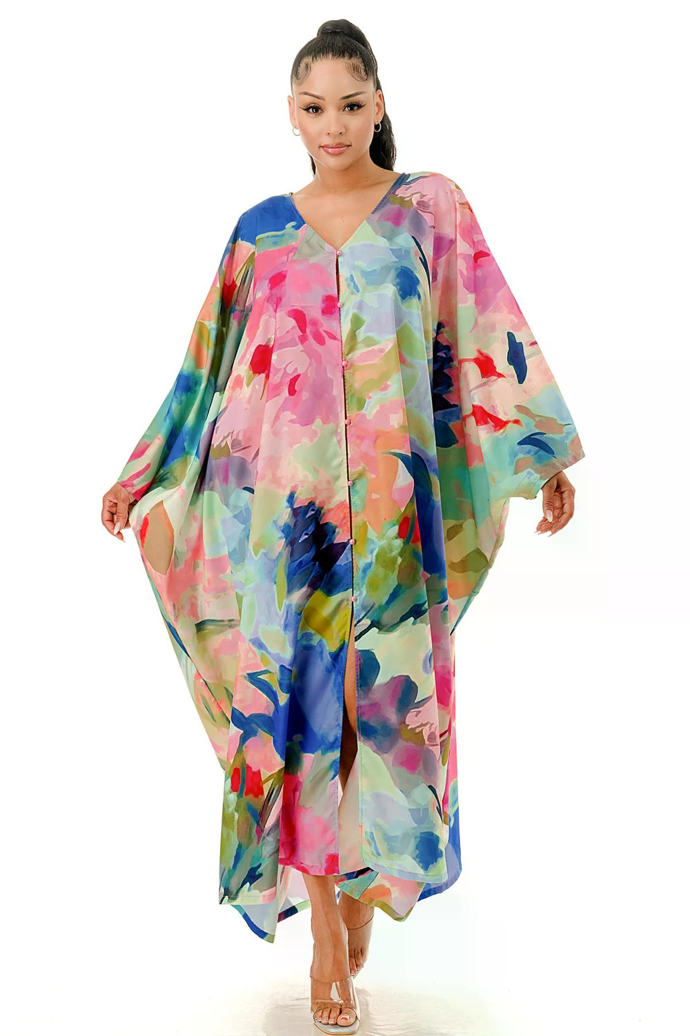 080825 Blue Multi Front Button V-neck Loose Fit Maxi Caftan Dress