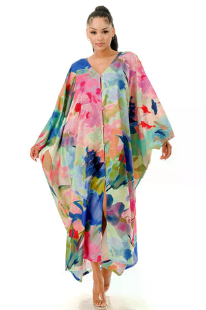 080825 Blue Multi Front Button V-neck Loose Fit Maxi Caftan Dress