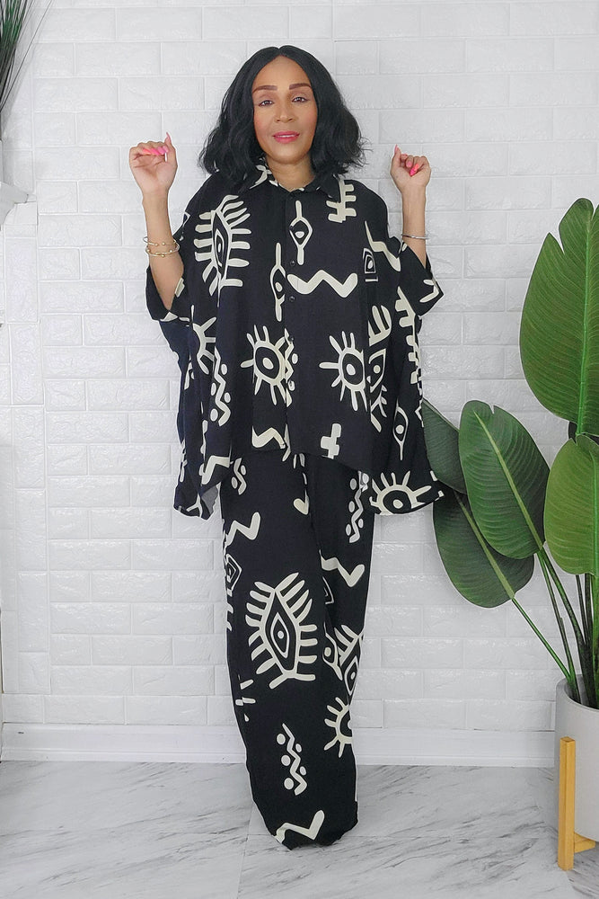 060624 The Black and Ivory African Print Pant and Top Set